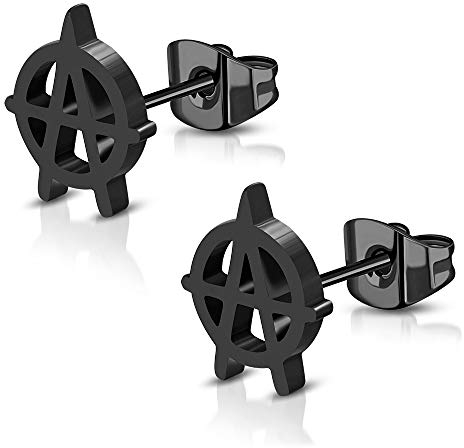 BlackAmazement 2er Set 316L Edelstahl Ohrstecker Ohrringe Anarcho Zeichen Symbol Kreis-A Anarchie ist Ordnung schwarz Punk Herren Damen