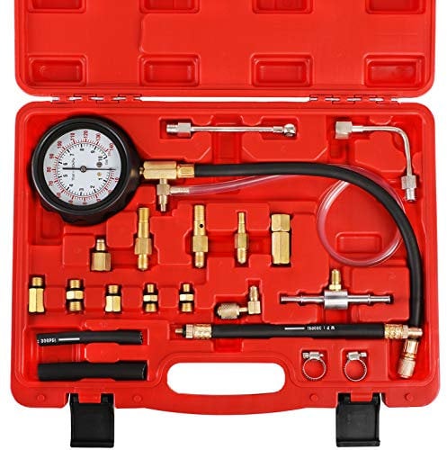 YSTOOL Fuel Pressure Tester Gauge Kit 140PSI Automotive Engine Injector Pump Test Gasoline Gas Injection Manometer Tool Set with Inline Fitting Schrader Adapter for Auto Car Motorcycle (Red Case)