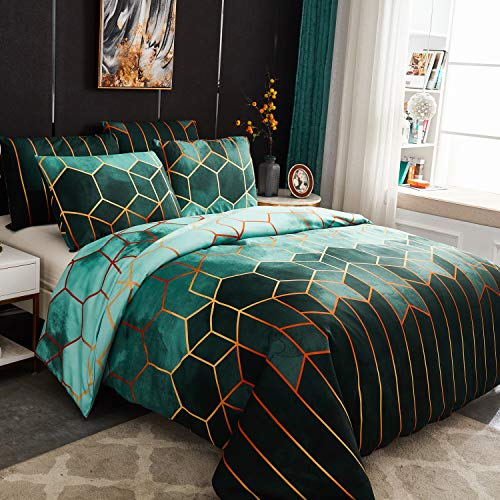 Sets Housse de Couette 220x240 cm avec 2 x Taies d'oreiller 50x70 cm,Mode Unique 3D Géométrique Imprimé Boho Microfibre Literie Parure de Lit avec Fermeture Éclair pour 2 Personnes,Vert