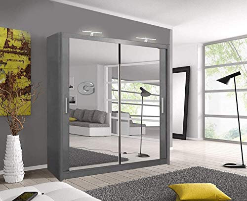 A.C. Milan German Modern Double Mirror sliding door wardrobe with LED Light Width 100cm/120cm/150cm/180cm/203cm/250cm (Grey, 100 CM)