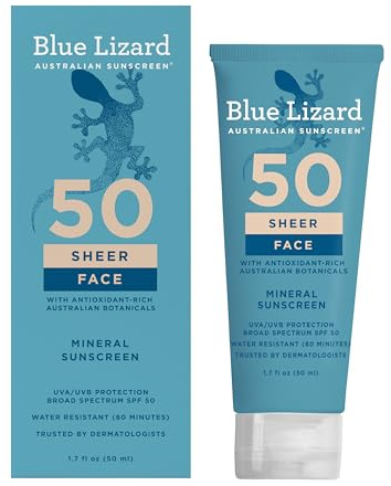Blue Lizard Sheer Face Mineral SPF 50 Sunscreen Lotion, 100% Mineral Formula, Blue Light Protection, Lightweight, No White Cast, Nourishes and Hydrates, Paraben-Free, Fragrance-Free, 1.7 fl oz