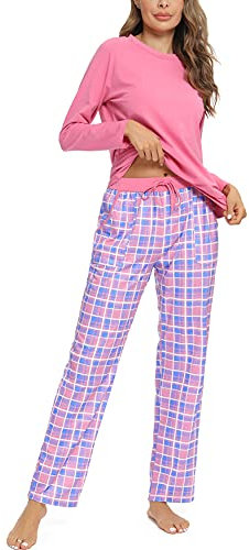 Uniexcosm Pyjama Femme Coton Long Ensembles de Femme Hiver Carreaux Col Ronde Manches Longues Pyjama pour Femme avec Poches Latérales Rouge Rose L