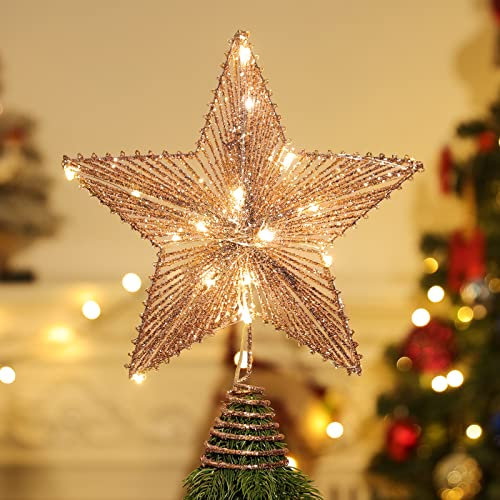 Lewondr 30 cm Punta dell'Albero di Natale a Forma di Stella, Puntale con Base Spirale Decorato dalle Fili Glitterati e Perline di Luce, con Timer Automatico, Alimentazione a Due AA Pile, Oro Rosa