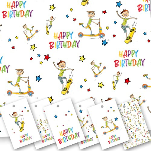 Geschenkpapier Happy Birthday für Jungen, Roller-Design, 5 XL-Bögen (50 x 70 cm), Geschenkpapier mit passenden Etiketten, Schneidegitter auf der Rückseite.
