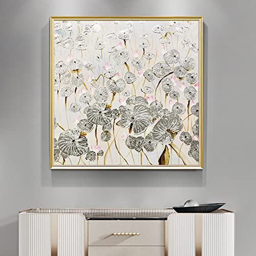 LCDIUDIU Acrylbilder, Silber Goldfolie Lotusblatt Blume Luxus Abstrakt Modern Original Handgemalte Ölgemälde Auf Leinwand Für Familienwand Wohnzimmer Esszimmer Home Art Decor,150X150Cm(60X60Inch)