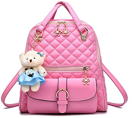NICOLE & DORIS Zaino da Donna Moda Zaino in Morbida Pelle Piccola Zaini Carino Mini Zainetto Ragazza Casual Daypack con Ciondolo Orso Rosa