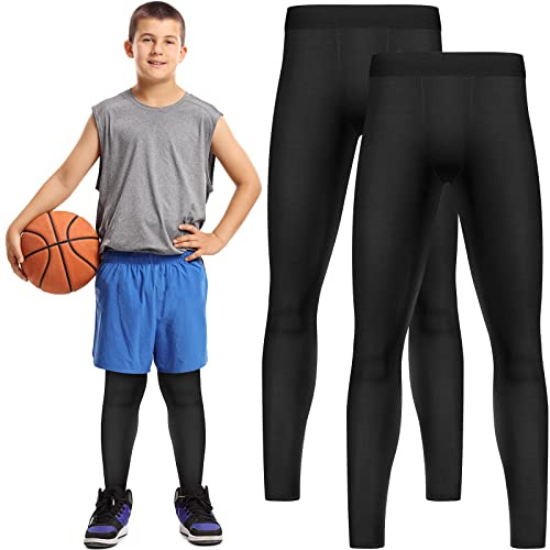Haysandy Boys' Compression Leggings 2 Pack Youth Athletic Tights Basketball Running Compression Pants Sport Leggings(Small,Black)
