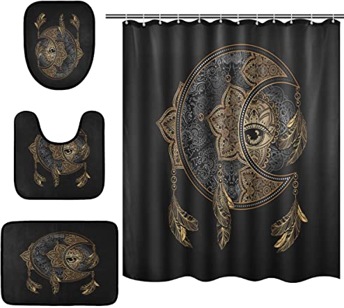 Mnsruu Boho Traumfänger Halbmond Sonne Traumfänger Duschvorhang mit 12 Haken Bodenmatte Anti-Rutsch-Teppich Badezimmermatten Sets 4 Stück