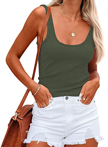 NONSAR - Camiseta de verano para mujer, sin mangas, elástica, ajustada, verde militar, S
