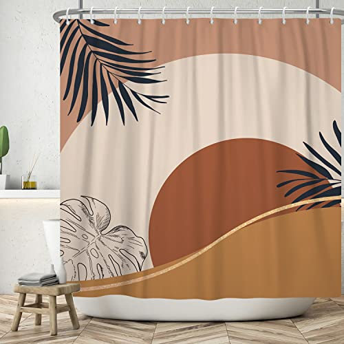 Ttincceer 180x200cm Abstrait Milieu du siècle Rideau de Douche Abstrait Plante à flanc de Colline Rideau de Salle de Bain Palmier Feuille de Monstera Rideaux de Douche Rideau de Baignoire étanche
