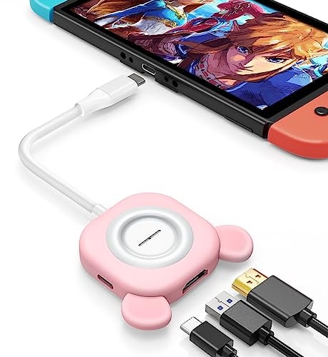 Tendak USB C auf HDMI Adapter für Switch Süßer Bär 3 in 1 USB-C Hub mit USB 3.0 PD Aufladung 4K HDMI Konverter für Nintendo Switch/Switch OLED, MacBook Pro, Samsung S22 Huawei Mate 30 (Rosa)
