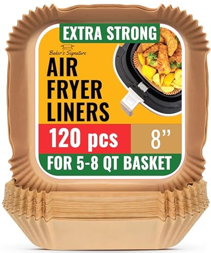 8 inch Air Fryer Liners, 120Pcs Disposable Parchment Sheets - 20 cm Square Paper Liners for 3.7-6.7 L Baskets – Versatile Use in Microwave, Oven, Pans & Baking - Easy Cleanup by Baker's Signature