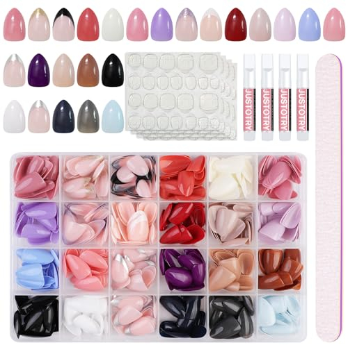 JUSTOTRY 24 Packs (576 PCS) Soft Gel Almond Press on Nails Medium,Solid and French Oval False Nails with Nail File,Glossy Stick on Nails Short for Women and Teens,Fake Nail for Nail Art