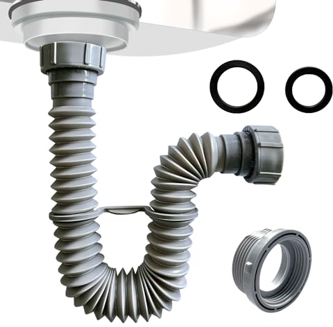 VIVIDA Sink Drain Pipe 1.4, Flexible Drain Pipe, 7.5 to 18, Expandable Flexible P Trap for Bathroom and Kitchen, Under Sink Plumbing, 1.4 Adapter Included, Gray, 1