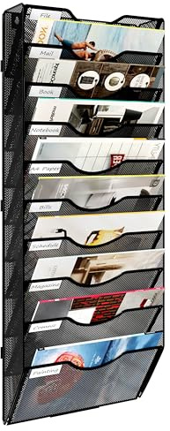Solinxe Porte Document Mural 10 Étages en Métal - Organisateur de Bureau A4 avec Support de Rangement pour Papiers, Revues et Fichiers, Noir (Bureaux, École, Maison)