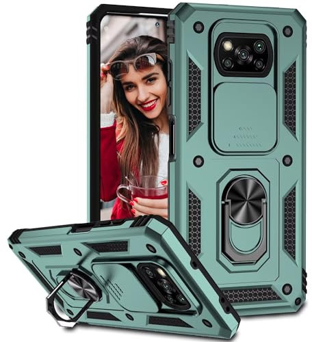 POUHYE Handyhülle für Xiaomi Poco X3 NFC/Poco X3 Pro Hülle, [Slide Camera] Hybrid Militärqualität Stoßfest Bumper Outdoor Handyhülle mit 360° Drehbarer Metall Ring Ständer Schutzhülle Case Dunkelgrün