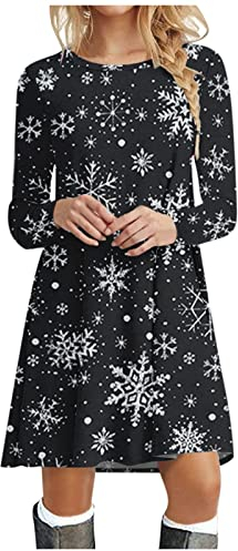 Weihnachtskleid Damen Langarm Pullover Kleid Winter Rundhals Minikleid Rentier Druck Weihnachten Kleider Elegant Weihnachtsfeier Blusenkleid Oberteile Freizeitkleid Kleid Weihnachtsfest