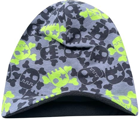 Wollhuhn Öko Warme Kuschelige Winter Jungen/Mädchen Winter Beanie-Mütze Mit Fleecefutter Versch. Motive (aus Öko-Stoffen, Bio) 20220666 (Coole Skulls Lime, M)