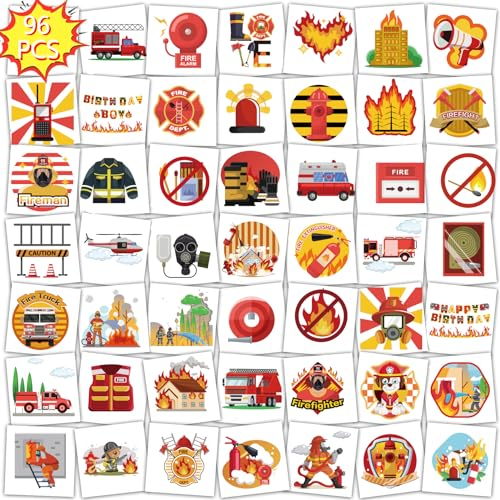 Qpout 96Pcs Feuerwehrmann temporäre Tattoos für Kinder Feuer Party gefälschte Tätowierung wasserdicht Feuerwehrmann Feuerwehrauto Tattoo Aufkleber für Kinder Geschenke Klassenzimmer Schule