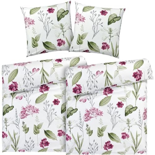 Pure Label Blumen Bettwäsche 4teilig 155x220 cm mit einem 2er Set Kissenbezüge 80x80 cm - Traumhaft weiches Bettwäsche-Sets 155 x 220 cm in weiß aus 100% Baumwolle mit YKK Reißverschluss