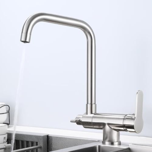 Grifo Cocina 3 Vias Osmosis Abatible Giratorio a 360° 2 Asas Latón Grifo de Cocina 3 Vias Osmosis-Cepillado