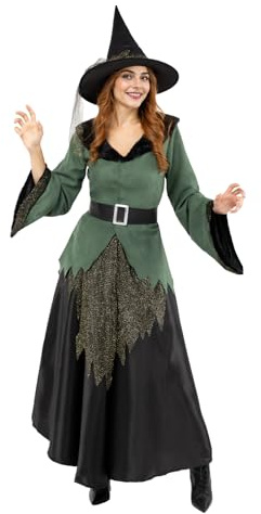 Funidelia Deluxe Hexe Kostüm für Damen mit Jacke, Rock, Gürtel und Hut, Zauberin Verkleidung für Erwachsene, Karneval, Halloween und Party Kostüme