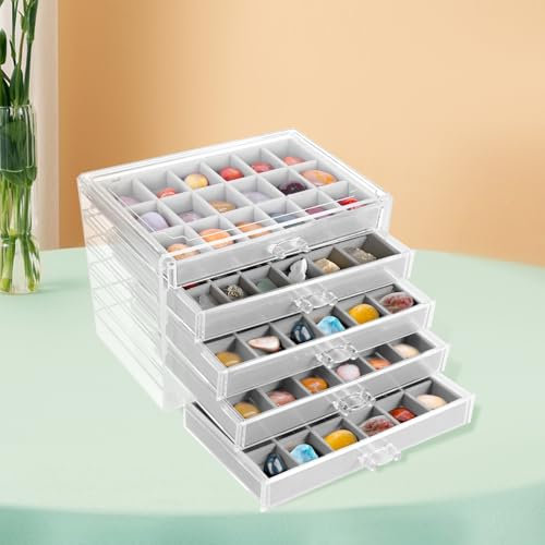 Vitrine Rock Collection à 5 tiroirs - 90 grilles - Vitrine transparente - Vitrine pour pierres précieuses - Organisateur de pierres précieuses pour enfants (90 compartiments (gris 2))