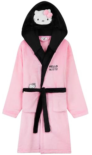 Hello Kitty Mädchen Fleece Bademantel mit Kapuze, Taschen & Gürtel - kuscheliger Morgenmantel(Rosa/Schwarz, 9-10 Jahre)