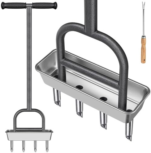 BeneLabel Aérateur de Gazon, Core de Pelouse Manuel Scarificateur Outil d'aération du Sol en Acier Inoxydable 4 Dents Creuse avec Plateau de Rangement pour Ameublir le Sol et Améliorer la Pelouse,93cm