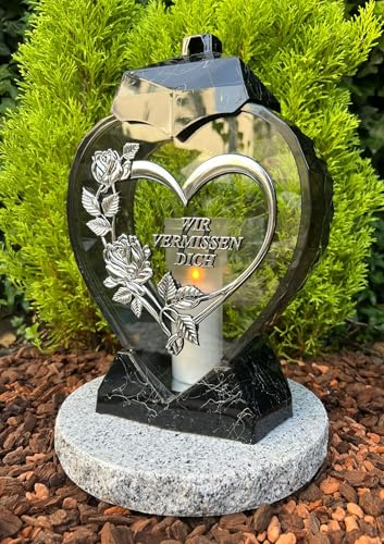 Lampada da tomba a forma di cuore, lanterna con testo -WIR VERMIESSEN Dich- Lume tombale, candela funerale, decorazione per tomba, 33 cm, altezza