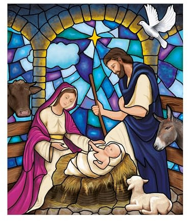 Fensterbild Winter Kirche Krippenbild Maria und Josef wiederverwendbare Fensteraufkleber Mosaik Weihnachten, Bogen 50 x 60 cm