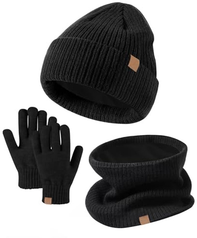 AWAVM Kids Winter Hat Scarf Gloves Set 3 PCS Warm Thermal Knitted Beanie Cap Snood Neck Warmer Touchscreen Mitten Soft Fleece Lining Elastic for Children Aged 5-12 Outdoor Sports