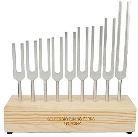 Ensemble de fourchettes à sons en aluminium, 9 pièces, fréquences 174 Hz, 285 Hz, 396 Hz, 417 Hz, 528 Hz, 639 Hz, 741 Hz, 852 Hz, 963 Hz, avec marteau, base