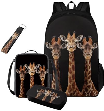 COEQINE Lot de 4 sacs à dos pour garçons avec boîte à déjeuner et trousse à crayons, sac à livres de voyage, porte-clés pour garçons pour la rentrée scolaire, Girafe drôle