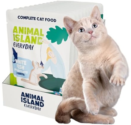 Animal Island Nassfutter Vollnahrung für Erwachsene Katzen Zarte Filetstücke vom Weißfisch Kabeljau in Aromatischer Brühe mit Huhn und Tapiokastärke Portionsbeutel, 12 x 85g