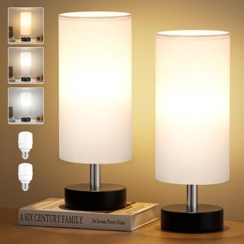 Aooshine Table Lamps Set of 2, 3-Color Modes Dimmable Bedside Lamps Set of 2 with ON-Off Control, Bedroom Lamps Set with White Shade(Bulbs Included)