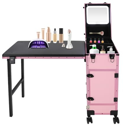 ACNAO Rolling Portable Manicure Table with 3 Drawers, Mirror and Nail Polish Organizer, Lockable Makeup Train Case with Foldable Nail Desk, Cosmetic Travel Case for Workstation Mobile, Nail Tech