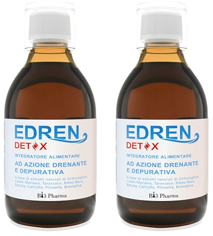 Edren Drenante Detox Fegato e Intestino | Drenante Forte Naturale con Ortosifone, Cardo Mariano e Tarassaco | Azione Depurativa | Gusto agrumi | Diuretico Drenante Forte | Made in Italy | 300 ml