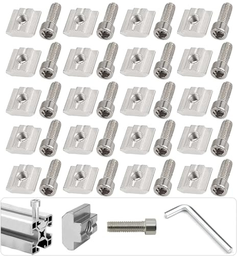 40 Pcs / 20 Sets Roll in Spring T Nuts, Metal Profile T Slot Nuts and Bolt | with L Type wrench, T Track T Nut and Bolts for 2020 Aluminum Profile (30 Series, M6)