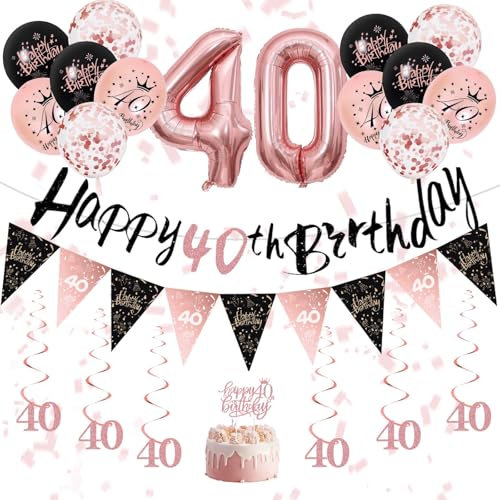 40th Birthday Decorations for Women - Black Rose Gold 40th Birthday Banners, Balloons, Bunting, Hanging Swirls Streamers and Cake Toppers for Girl Women Adults Happy Party Decoration