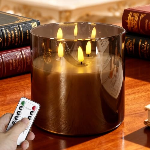 NICEME Extra Large 3 Wick Battery Operated Candle, 6x6 Big Clear Glass Flameless Candles with Remote, Real Wax Flickering Led Pillar Fake Giant Candle for Wedding Party Holiday Home Decor, Grey