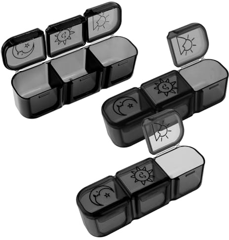 WLLHYF 3 Stuck Tablettenbox Pillendose Morgens Mittags Abends 3 Fächer Pillen-Organizer Box Kleine Tragbare Medikamenten Organizer Vitaminbehälter für Outdoor-Reisen Camping (Schwarz)