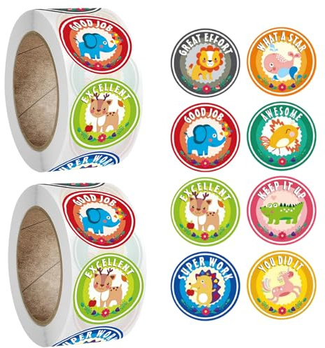 Tonsmile 1000 PCS Stickers for Children, Motivational Encouraging Animal Well Done Reward Stickers, 2 Rolls Potty Training Teachers Stickers for School Classroom