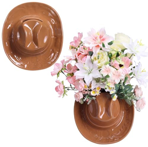 Ninehaoou Ceramic Cowgirl Hat Vase Western Themed Hat Shaped Planter Vase Flower Pot Western Country Planter Pot Cowboy Decoration Arrangements for Cowboy Party Tables Centerpieces(Brown)