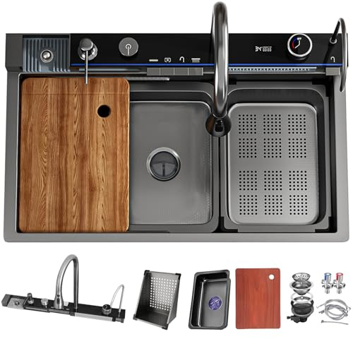 DSMRLEOP Fregadero de cocina, 85 x 50 cm, diseño de cascada y acabado en acero inoxidable negro, fregadero de granja de una sola cuba, fregadero de preparación con nanorecubrimiento con grifo todo en