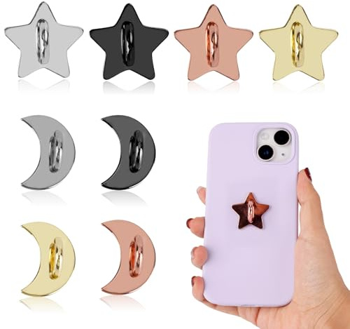 8 Stück Handy Anhängerhaken, Selbstklebende Griffschlaufe mit Eisensternen und Mond Fingerringständer für Smartphones DIY Zubehör für Handyhülle Pad Tablet (4 Farben)