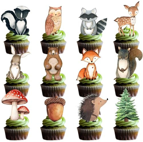 CHarmeFleur 24 Wald Cupcake Deko Waldtier Cupcake Topper Deko Für Wald Baby Shower Neutral Waldtiere Gender Reveal