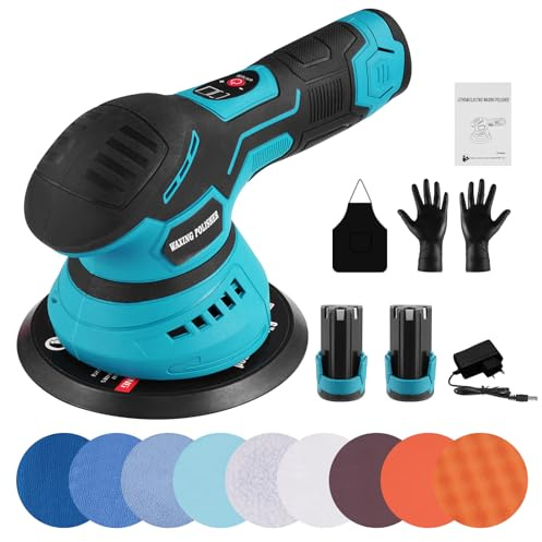 Bellanny Poliermaschine Auto Akku - Exzenter Poliermaschinen Set 16pcs, Politur mit 2*2.0Ah 12V Batterie, 8 Variable Geschwindigkeit 2500-5500RPM Poliermaschinen für Möbel Autopflege Polieren Wachsen