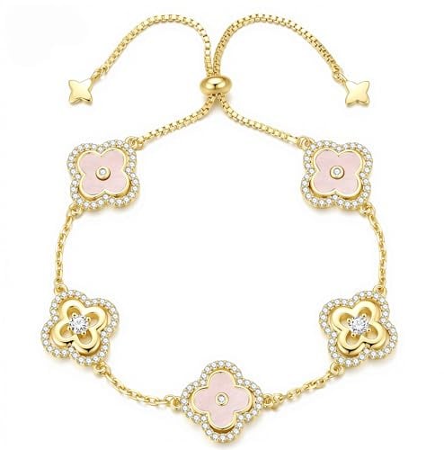 Turandoss Kleeblatt Armband Damen Gold, 14K Vergoldet Armbänder | Cubic Zirkonia Kleeblatt Armband Glücksarmband Schmuck Geschenk für Frauen Mädchen