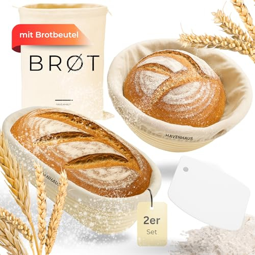 HAVENHAUS Gärkörbchen 2er Set oval & rund | Rattan Gärungskorb oval & rund für 1kg Teig mit praktischem Zubehör | hochwertiger Gärkorb Brot aus Peddigrohr | Sauerteig Gärkorb Set | Brot backen Zubehör